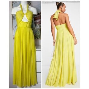 ASOS Design Lime Yellow Halter Pleated Mesh Maxi Gown Cut Out Dress Sz 10